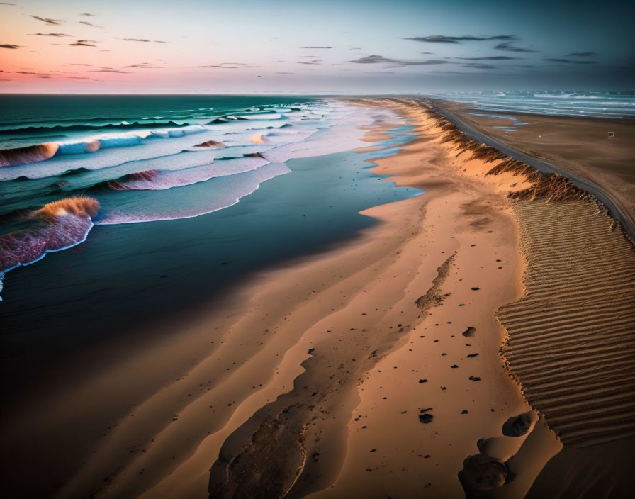 Tranquil Beach Scene at Dusk with Gradient Sky and Tire Tracks