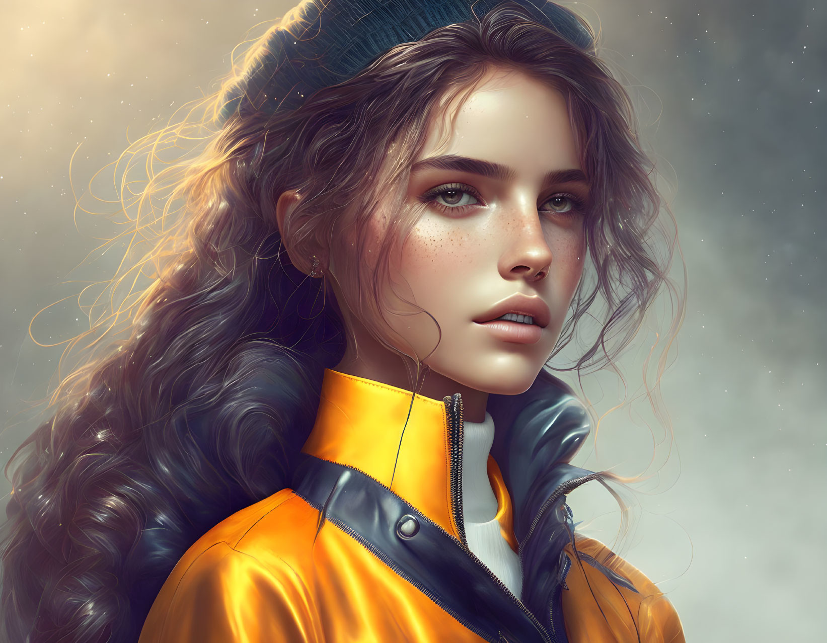 Digital art portrait of woman with wavy hair, freckles, intense eyes, yellow leather jacket
