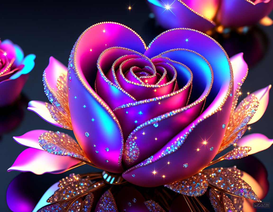 Sparkling heart-shaped rose with cosmic pattern and flowers on dark background