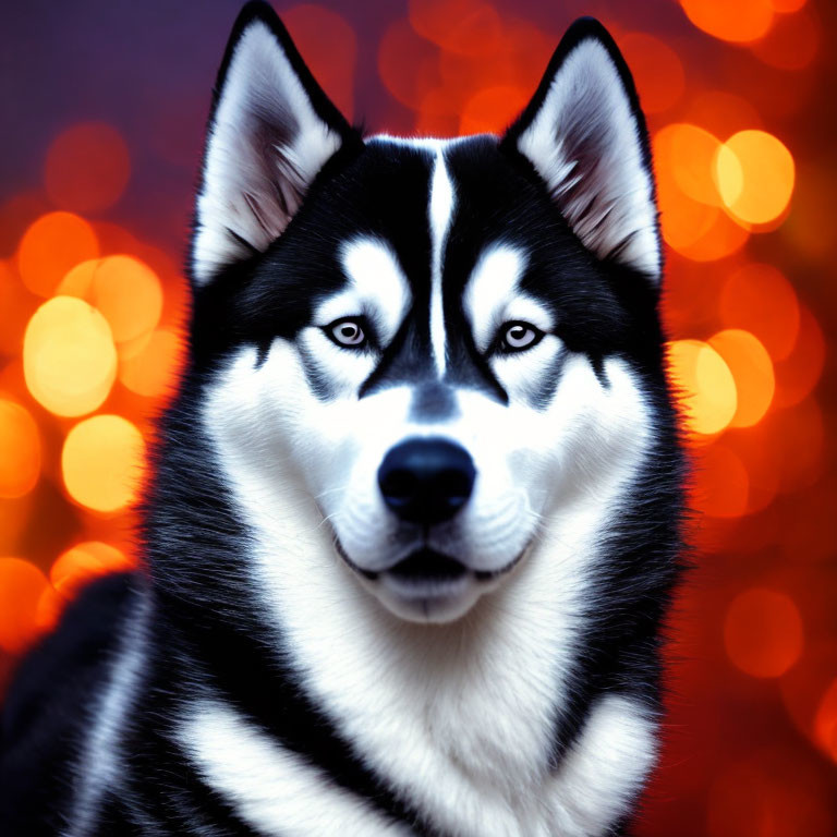 Siberian Husky with blue eyes and black-and-white fur on red bokeh background