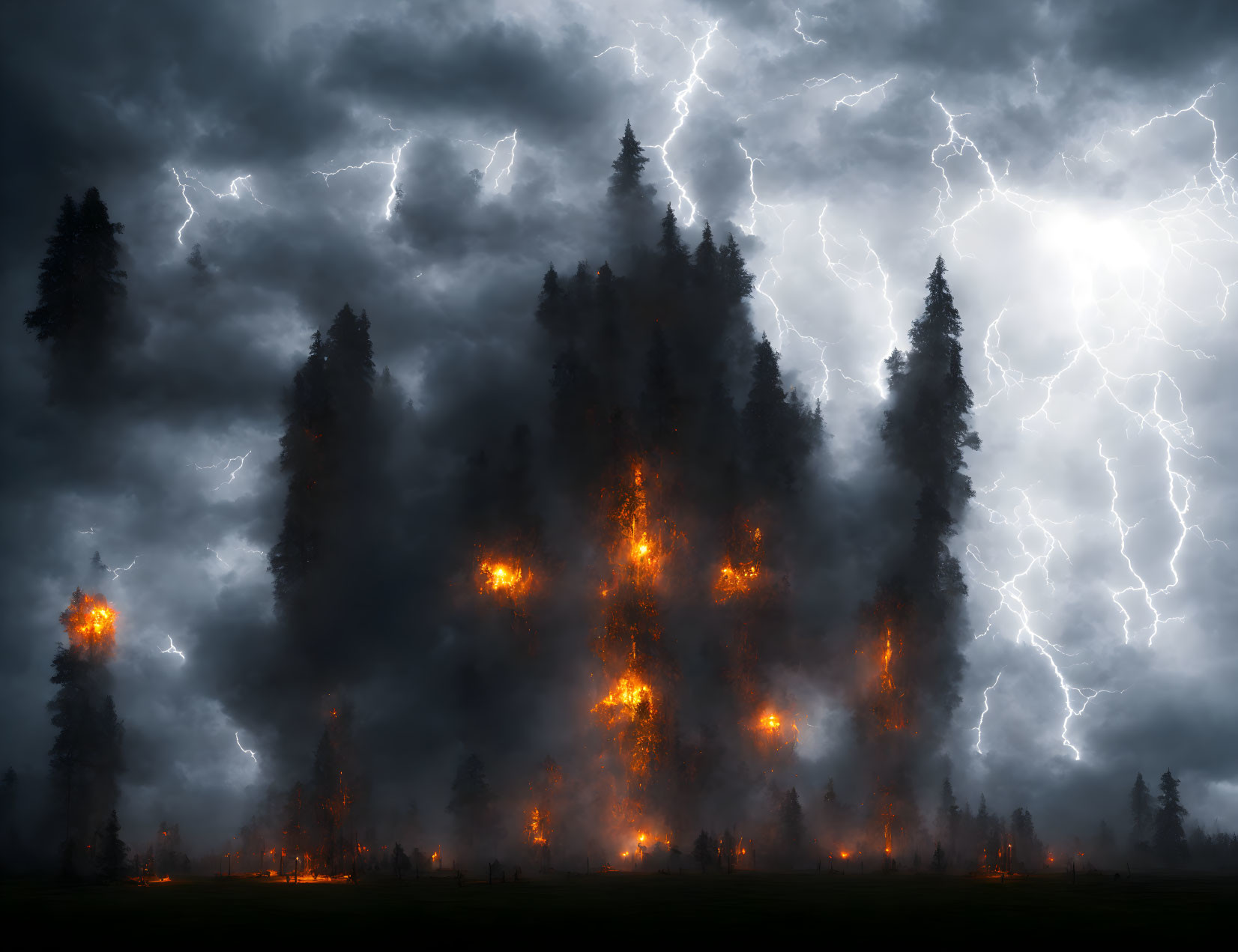 Nighttime forest fire with blazing trees and lightning strikes