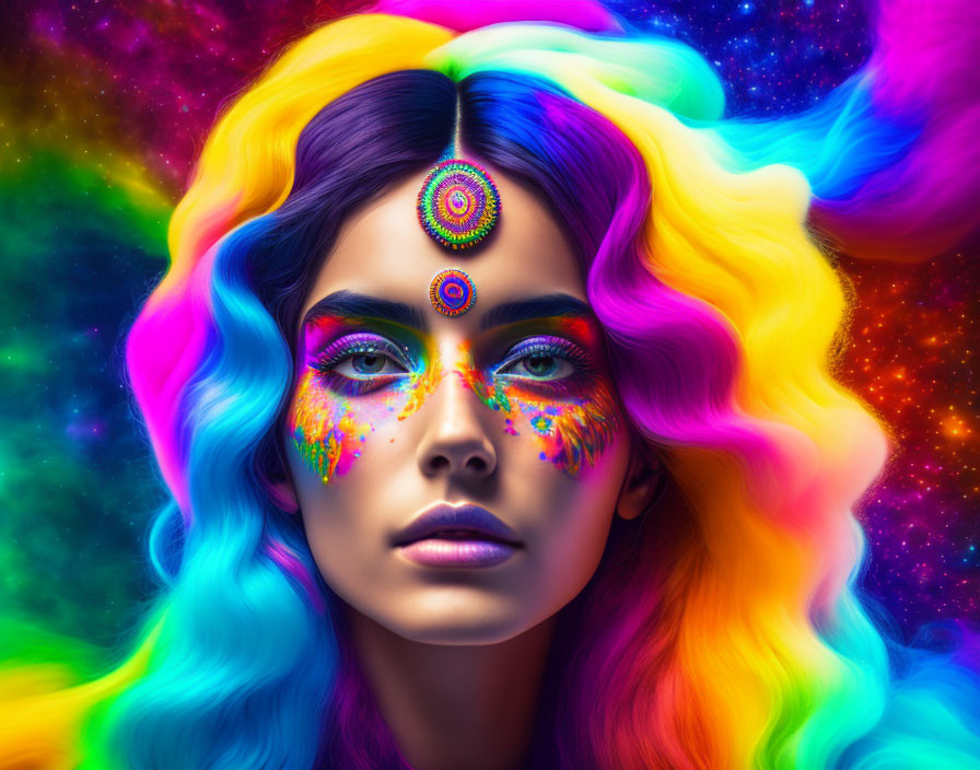 Colorful portrait of woman with rainbow hair and cosmic backdrop