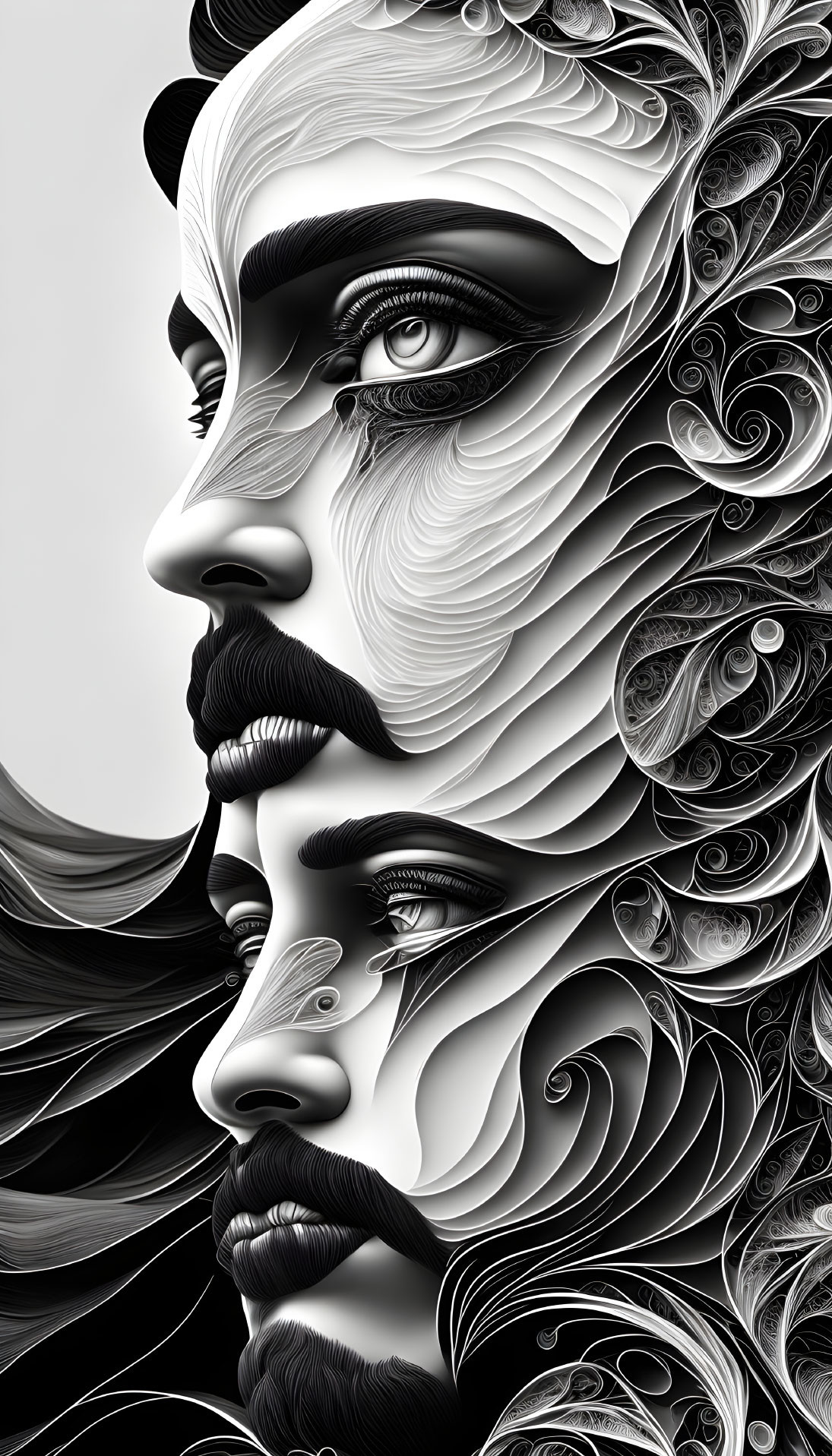 Monochrome artwork of male and female fusion with intricate patterns