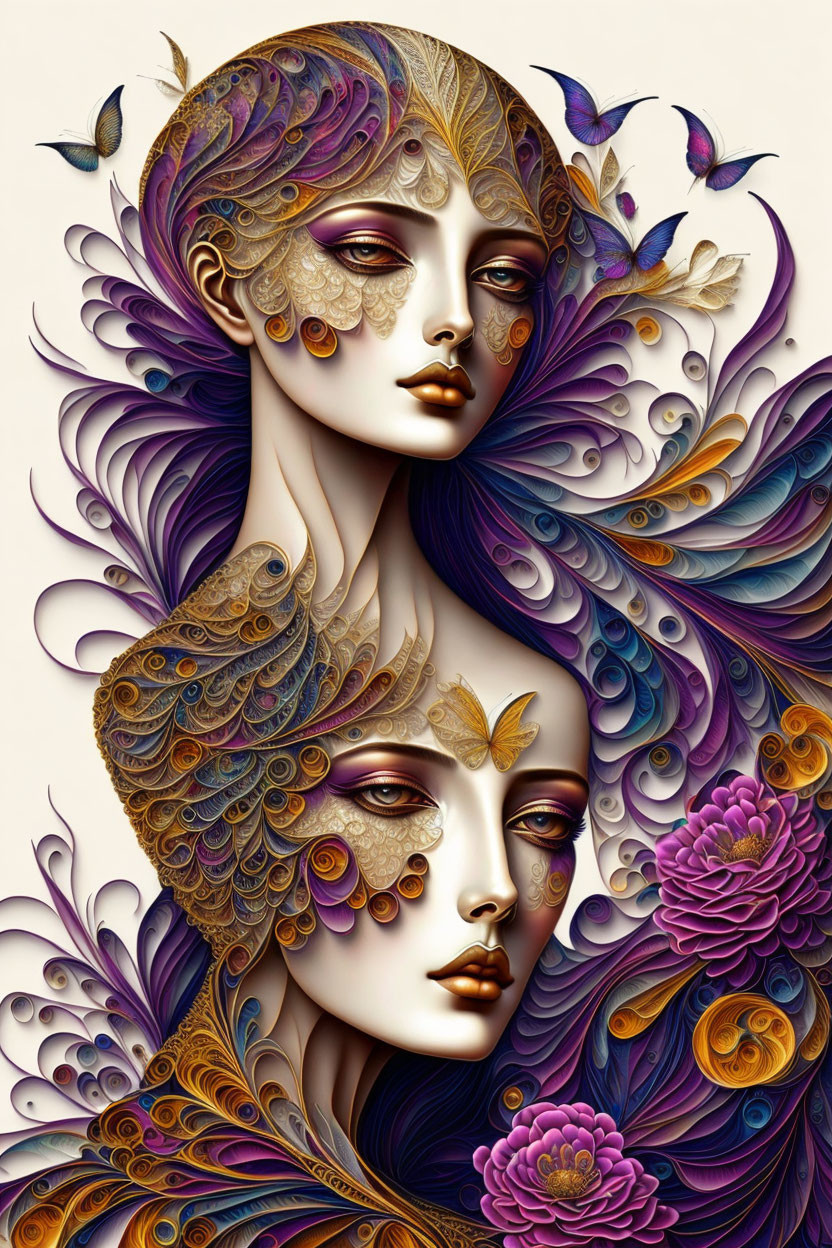 Stylized faces with peacock feathers and flowers in purple, gold, and blue palette