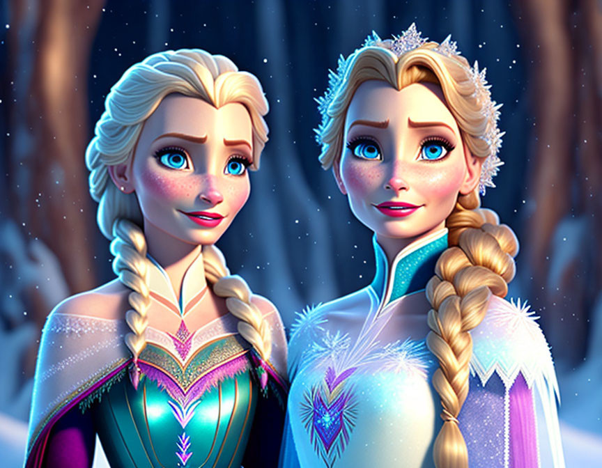 Two braided hair animated female characters in snowy landscape with sparkling dresses