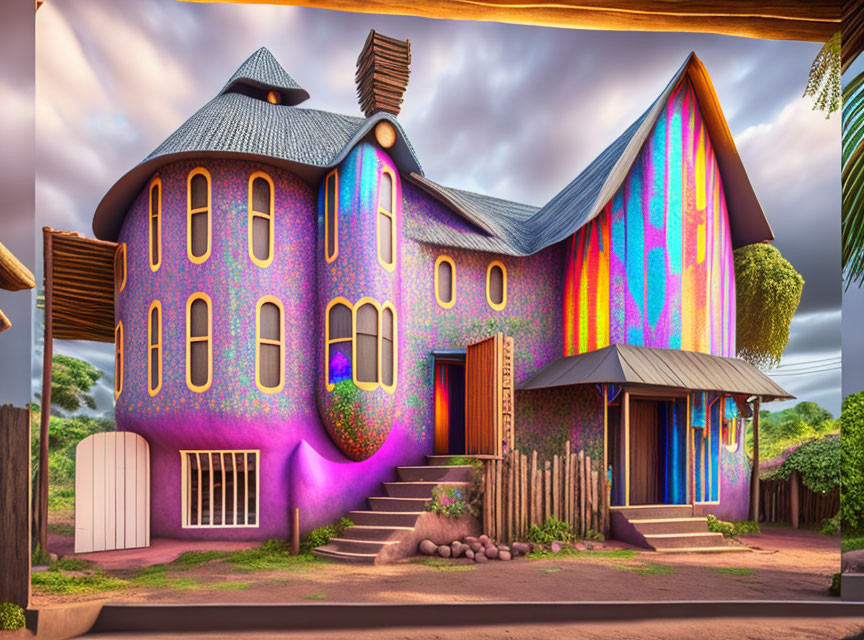 Whimsical multicolored house with unique architecture