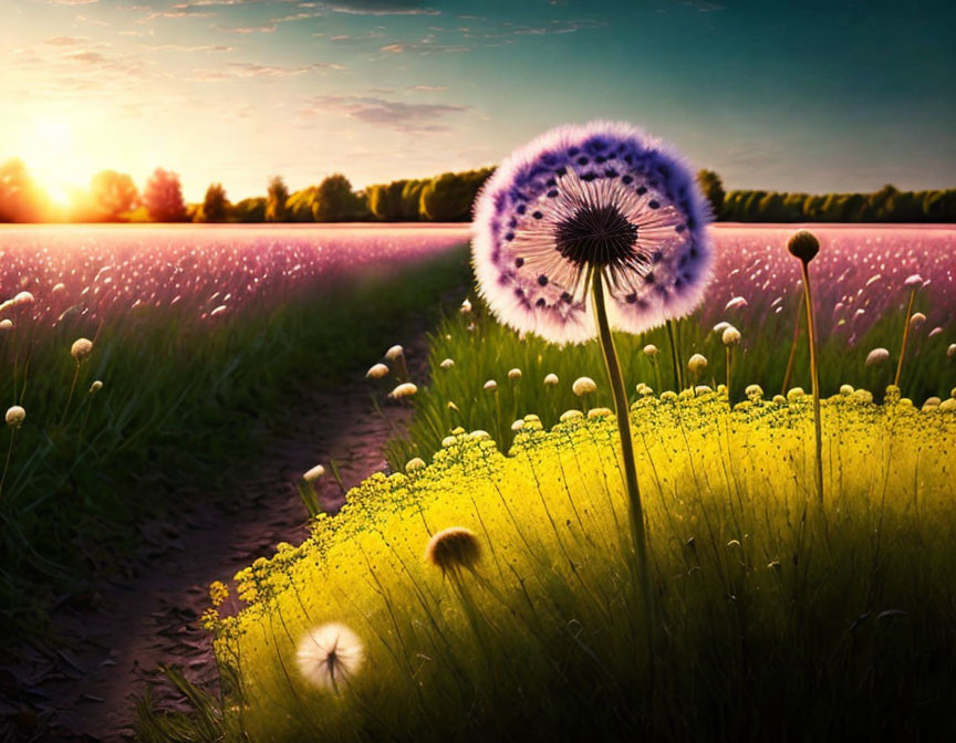 Colorful sunset over field with large dandelion & winding path through wildflowers