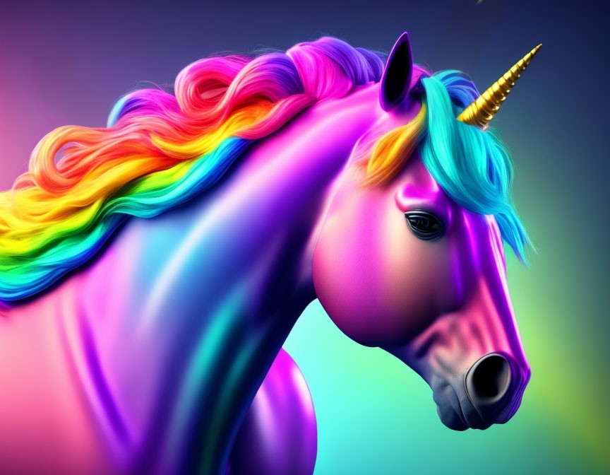 Vibrant Unicorn Artwork with Rainbow Mane and Golden Horn