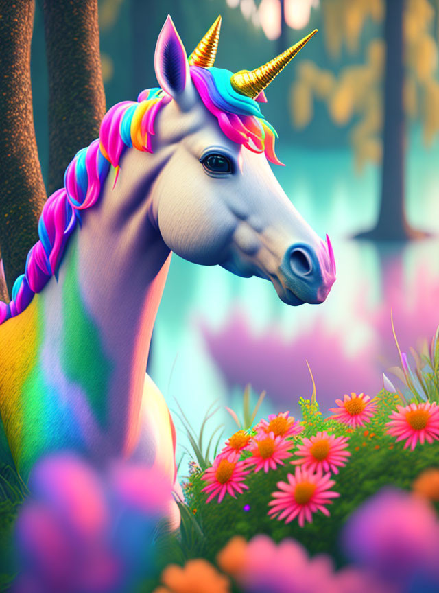 Colorful unicorn in vibrant floral landscape