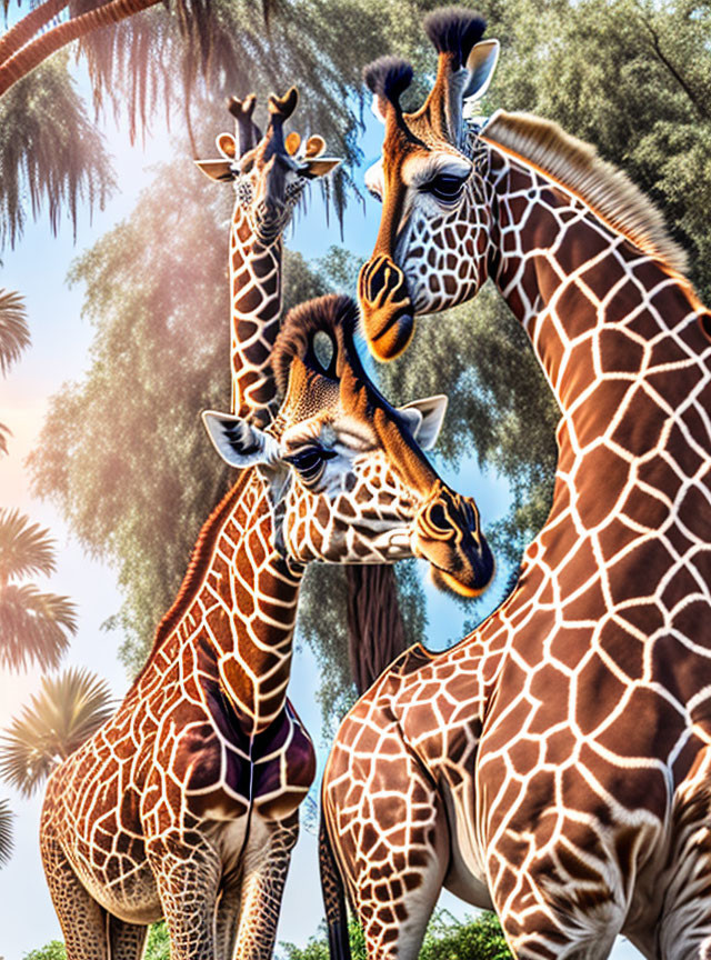 Affectionate giraffes under tree canopy in sunlit scene