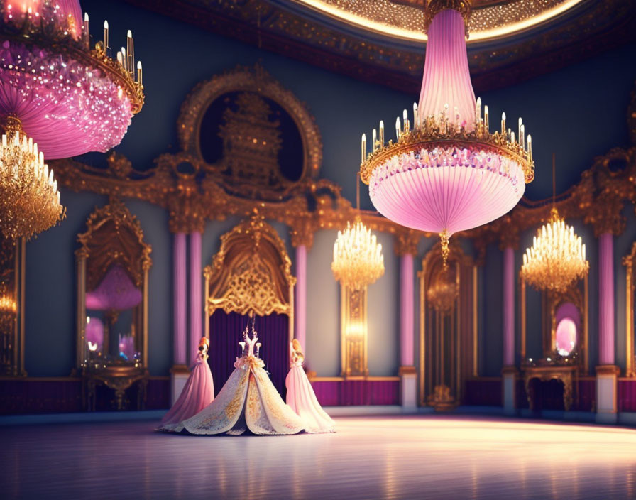 Luxurious ballroom with grand chandeliers and elegant figures in gowns