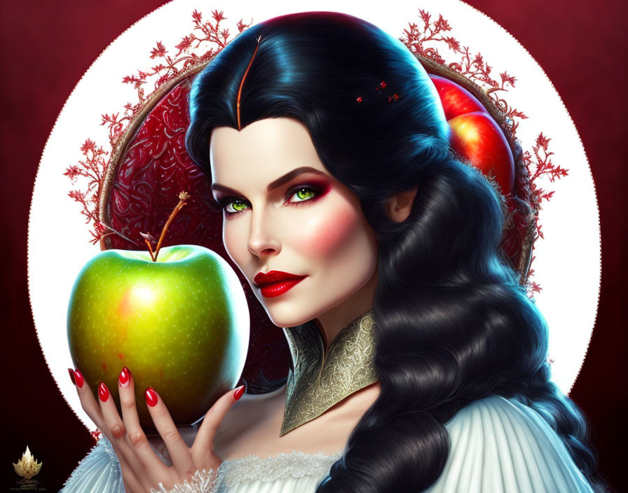 Portrait of Woman with Pale Skin, Green Eyes, Dark Hair, Holding Green Apple on Crimson Background