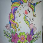 Colorful unicorn in vibrant floral landscape