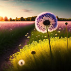 Colorful sunset over field with large dandelion & winding path through wildflowers