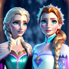 Two braided hair animated female characters in snowy landscape with sparkling dresses