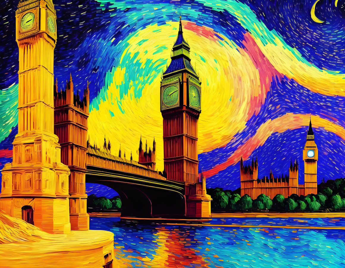 Colorful artistic rendering of Big Ben and Houses of Parliament under starry night sky