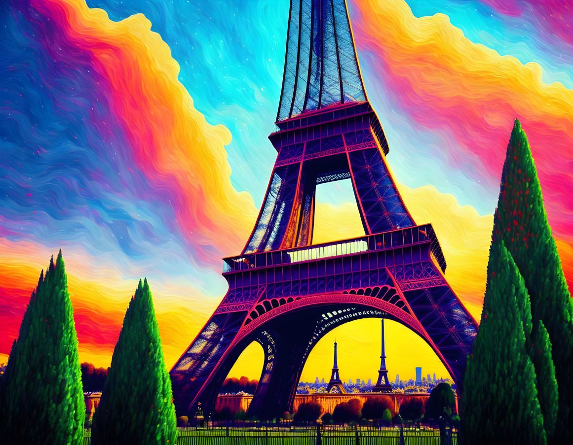 Colorful surreal artwork: Eiffel Tower with psychedelic sky & stylized greenery