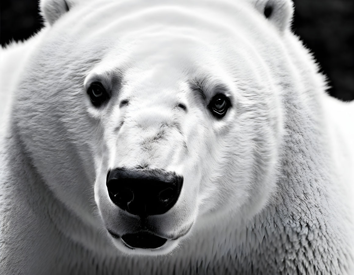 Detailed close-up of a polar bear's face in high-contrast black and white.