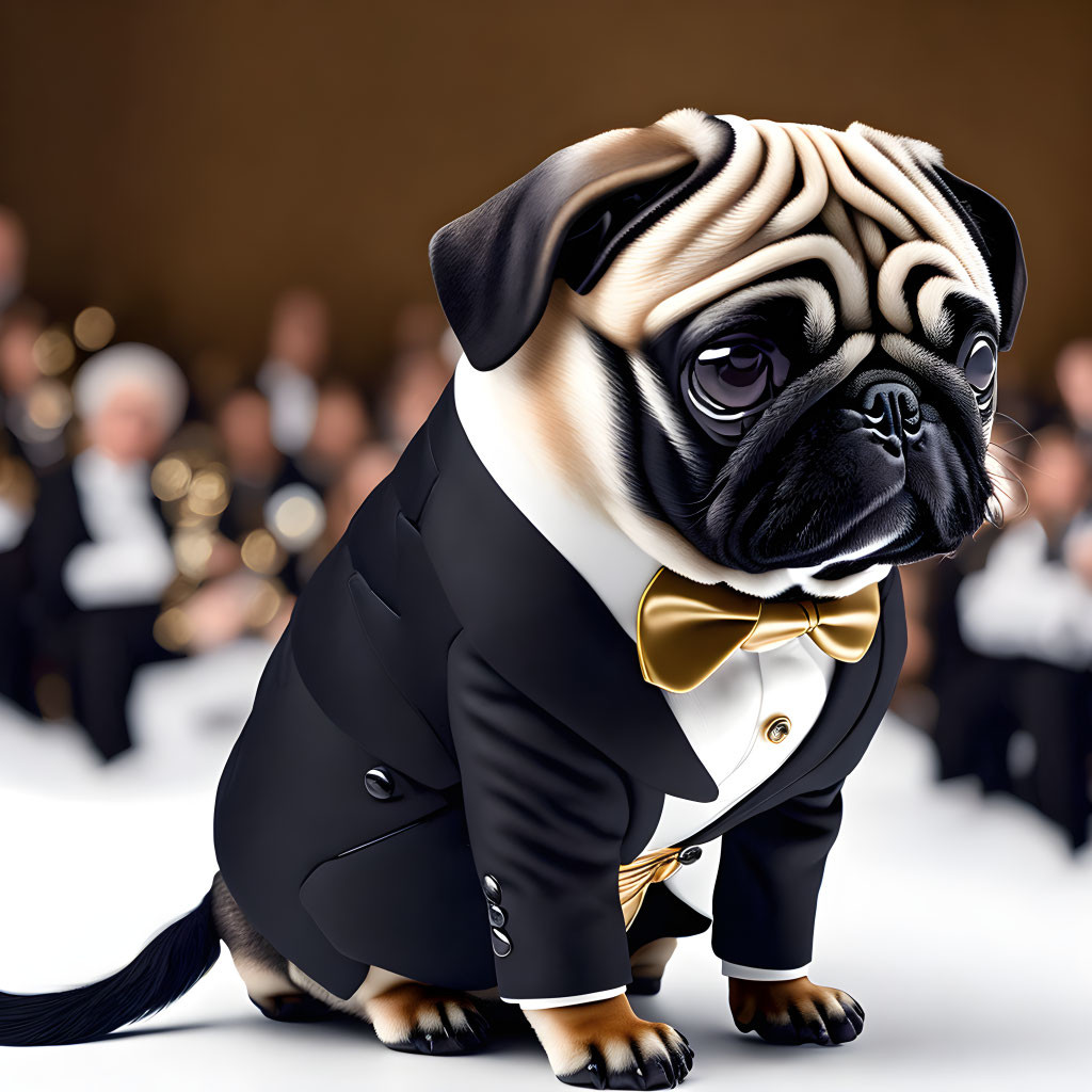 Cartoon pug in black tuxedo and gold bow tie at formal event