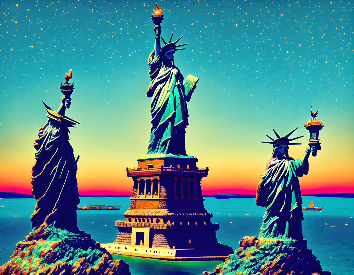 Stylized Statue of Liberty figures under starry sky and calm sea