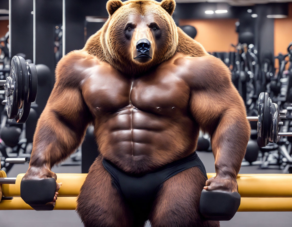 Muscular bear with six-pack lifting dumbbells in gym