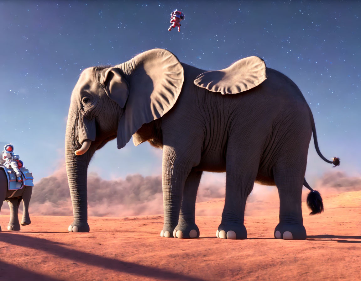 Elephant and Two Astronauts on Dusty Alien Planet