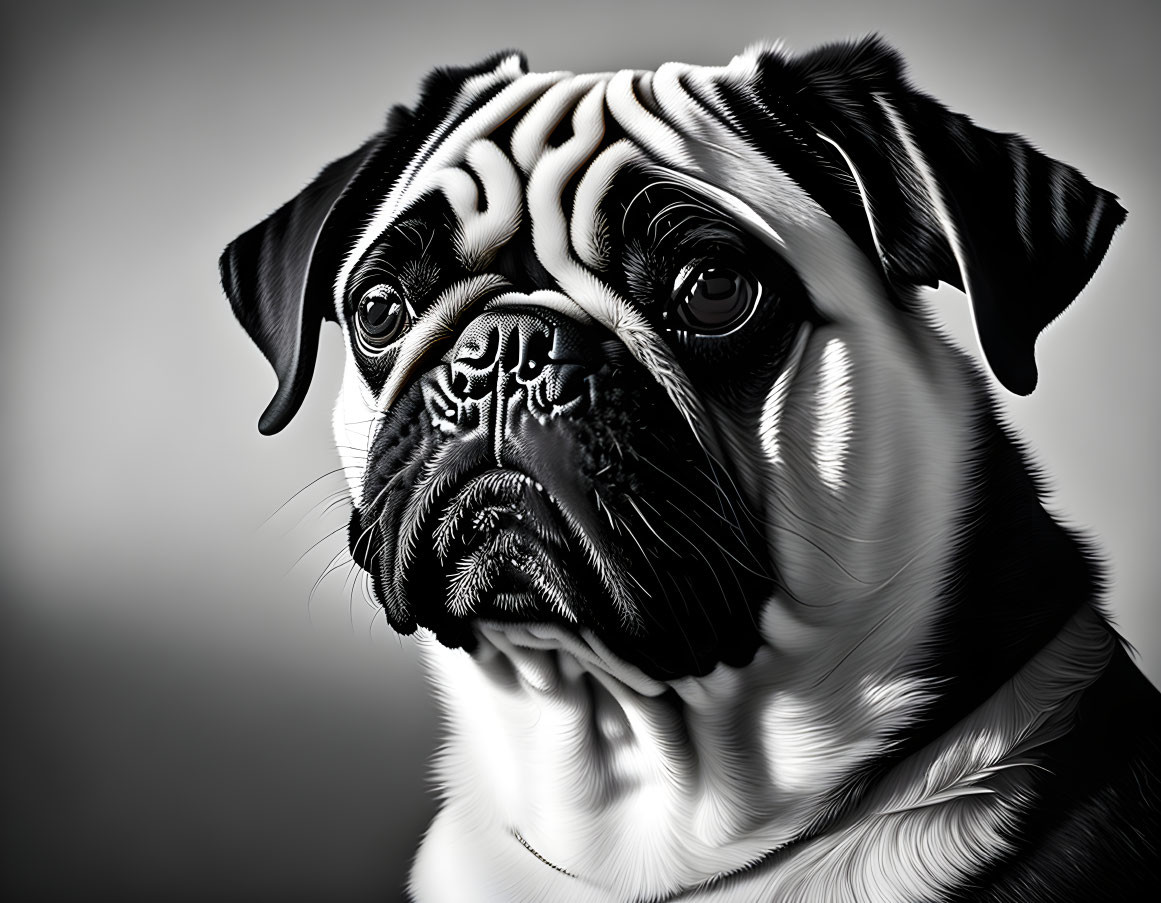 Monochromatic portrait of a wrinkled-faced pug