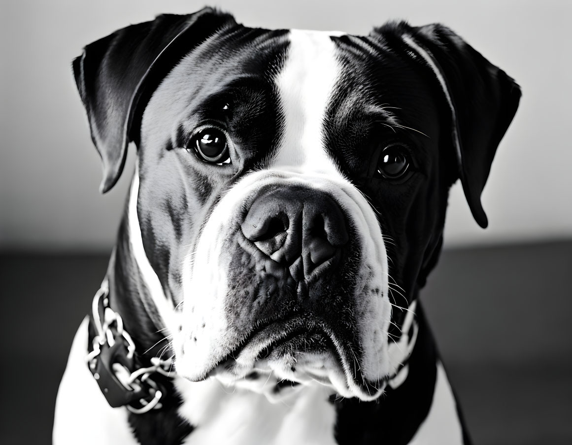 Monochrome portrait of focused boxer dog with chain collar