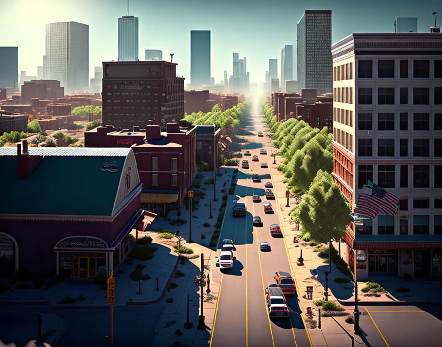 Serene city street with trees, low-rise buildings, and clear sky