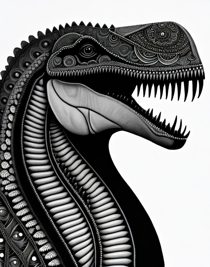 Detailed black and white tribal dinosaur illustration with intricate patterns.