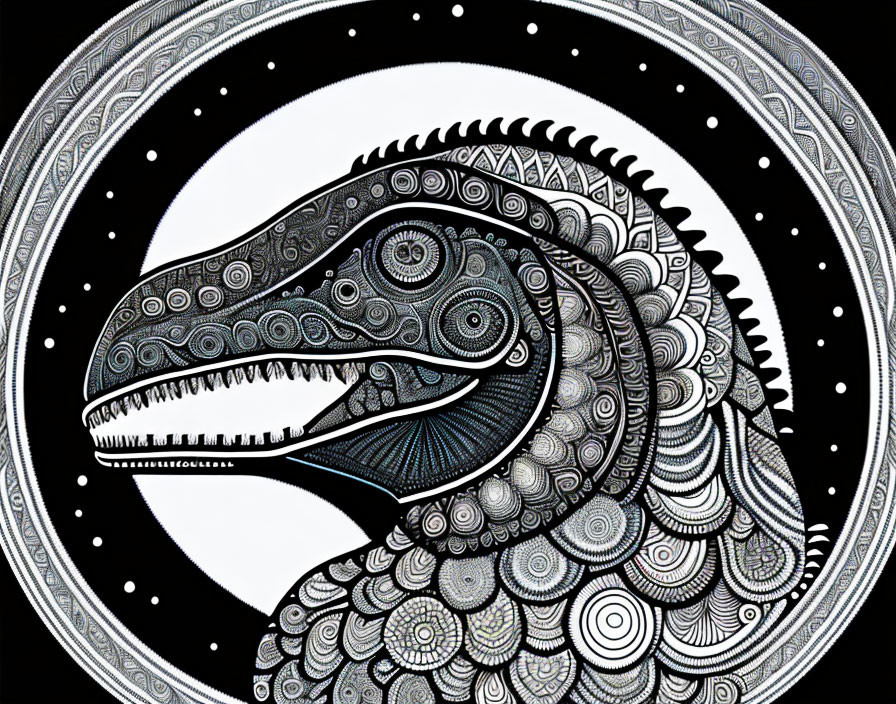 Monochromatic dinosaur head with mandala designs on cosmic backdrop