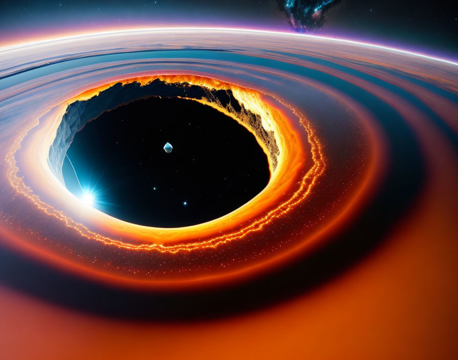 Massive black hole with glowing accretion disk in space.