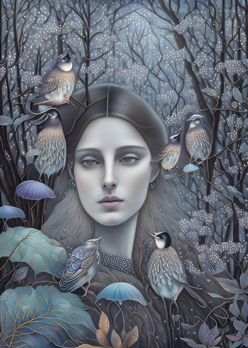 Woman's face blending into mystical forest with birds and foliage in serene atmosphere