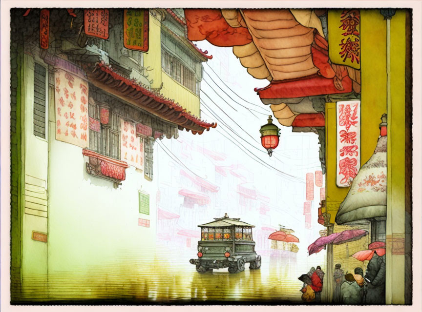 Traditional Asian Street Scene on Rainy Day with Red Lanterns and Umbrellas