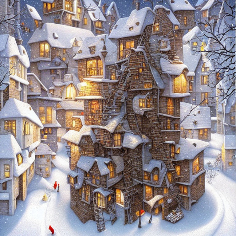 Snow-covered fantasy houses in whimsical winter scene