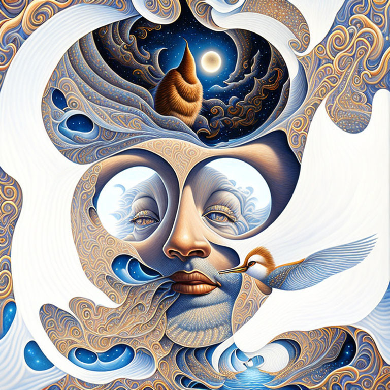 Surreal psychedelic illustration of face with swirling patterns and celestial elements