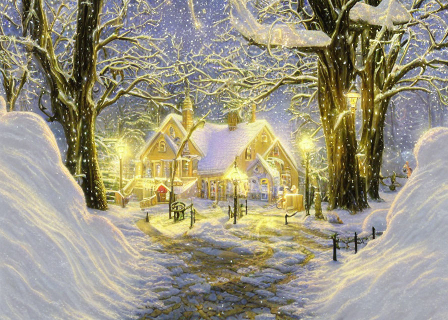 Snow-covered village at night: cozy houses, gentle snowfall, serene winter scene