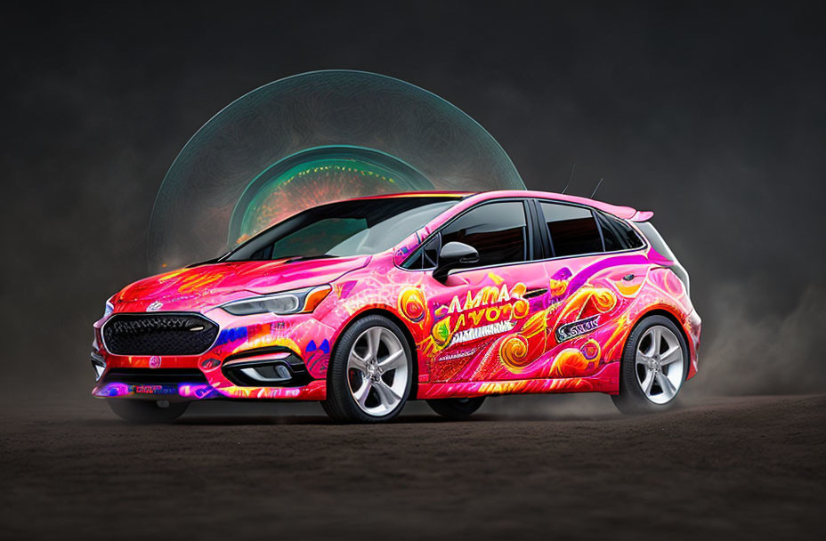 Colorful Psychedelic Car with "AMMA AWOYO" Text on Dark Background