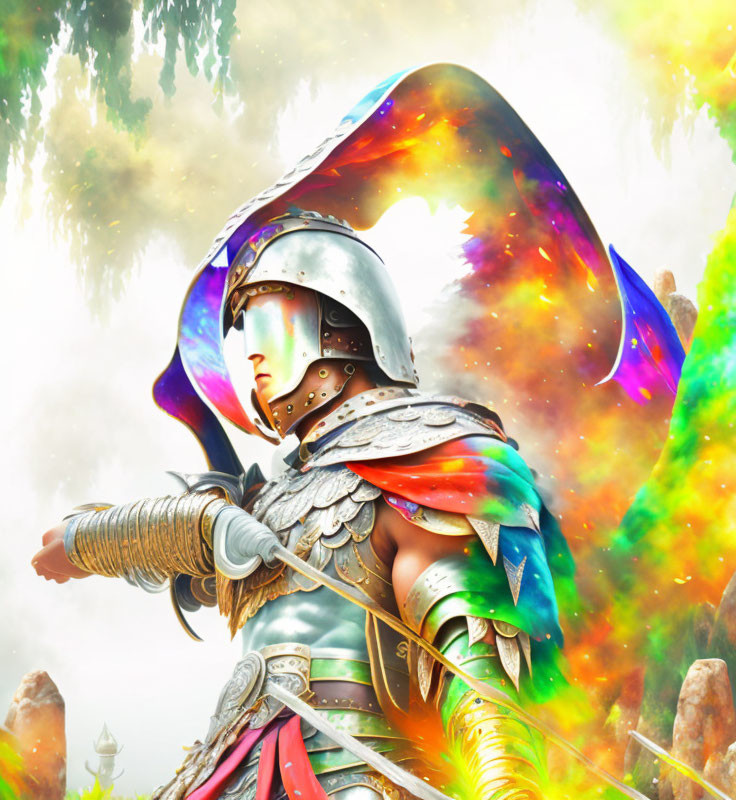 Knight in Shining Armor with Galaxy Cape and Sword in Mystical Setting