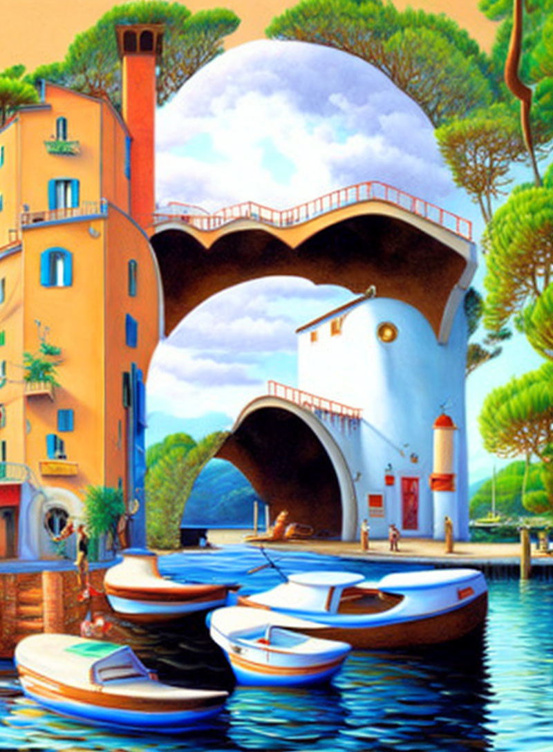 Vibrant boats under arched bridge with lush trees