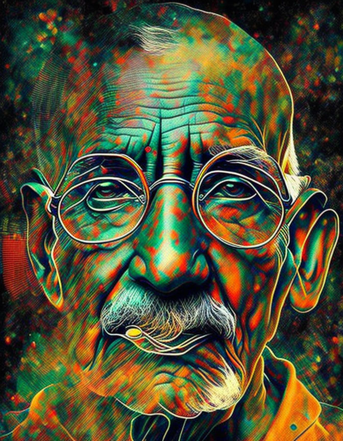 Vibrant digital portrait of bald elderly man with mustache