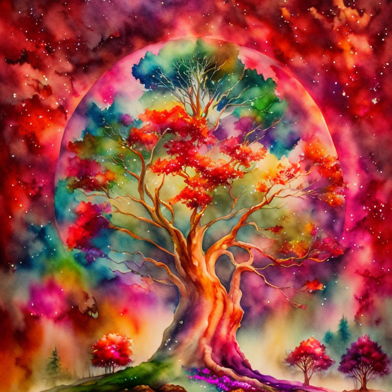 Colorful watercolor painting of majestic tree against cosmic backdrop