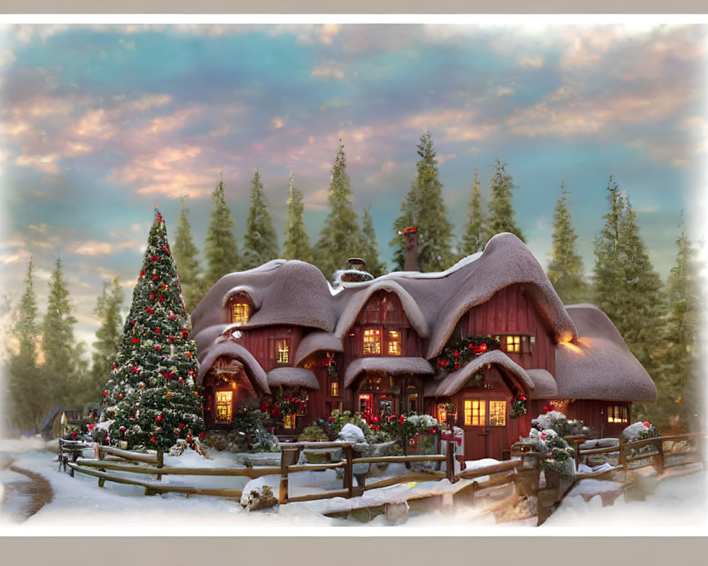 Snow-covered Christmas cottage in wintry pine forest at twilight