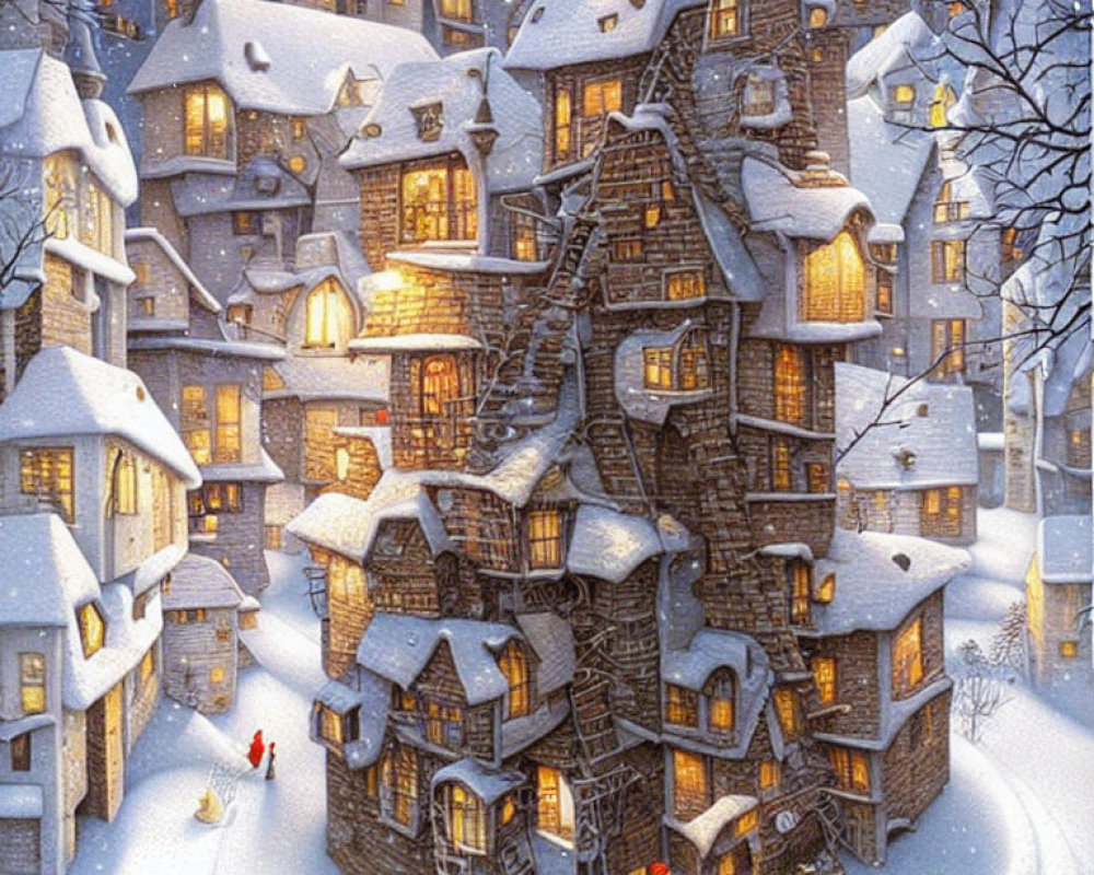 Snow-covered fantasy houses in whimsical winter scene