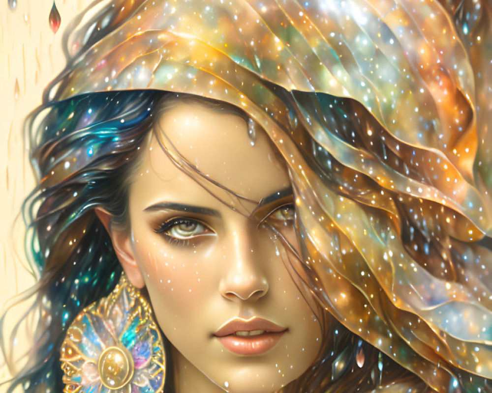 Portrait of woman with multicolored cosmic hair, gold earring, and suspended raindrops