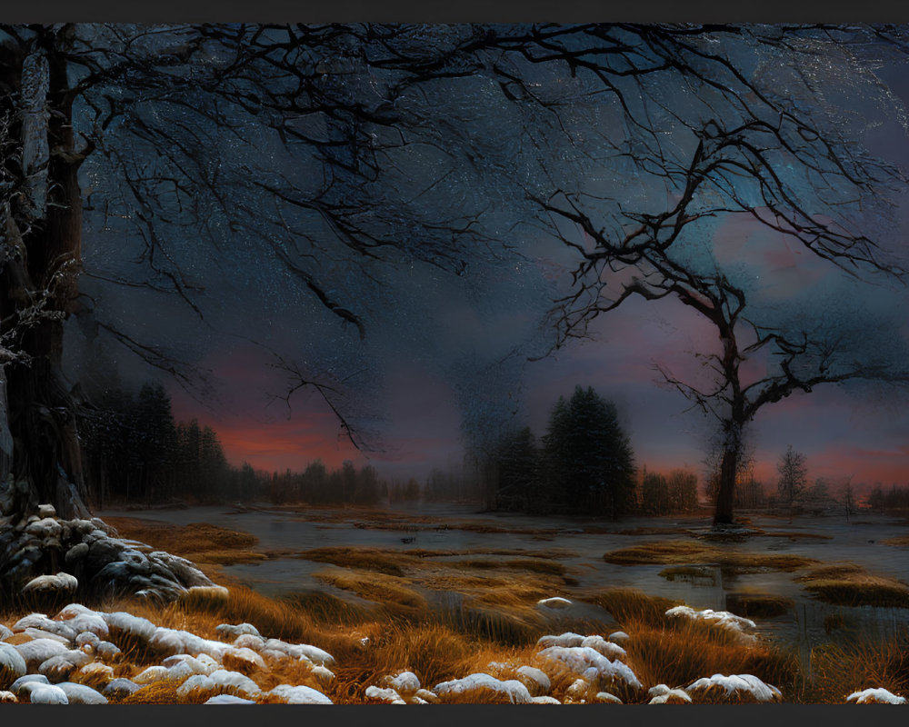 Twilight scene with silhouetted trees and snowy ground