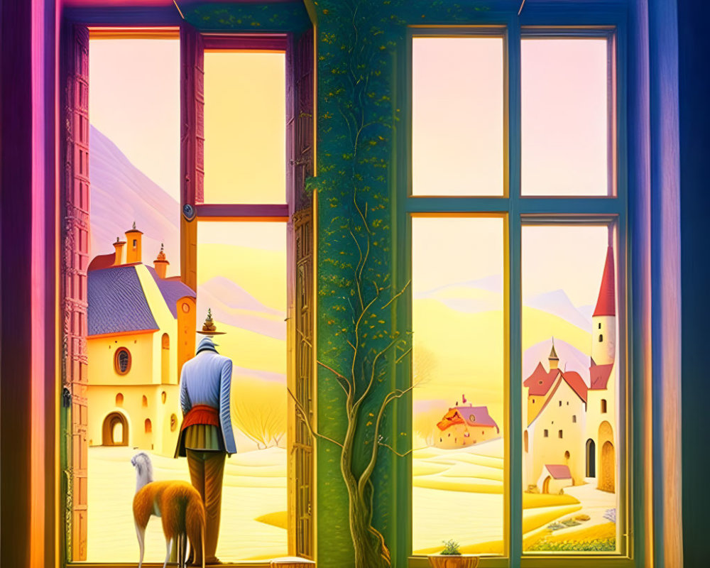 Person and sheep gaze out vibrant double window at whimsical landscape