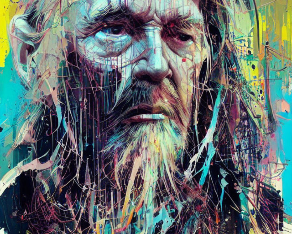 Vibrant abstract portrait of a bearded man with chaotic strokes and colors