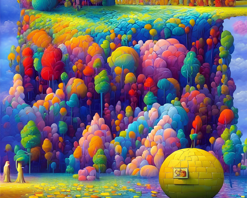 Colorful surreal landscape with balloon-like trees, yellow structure, and ethereal figures