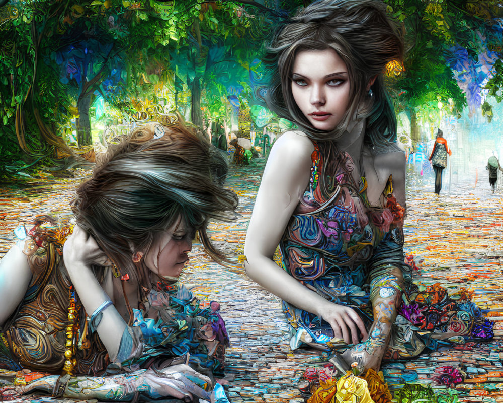 Two intricately tattooed women in vibrant attire amidst colorful flowers and butterflies on a cobblestone path